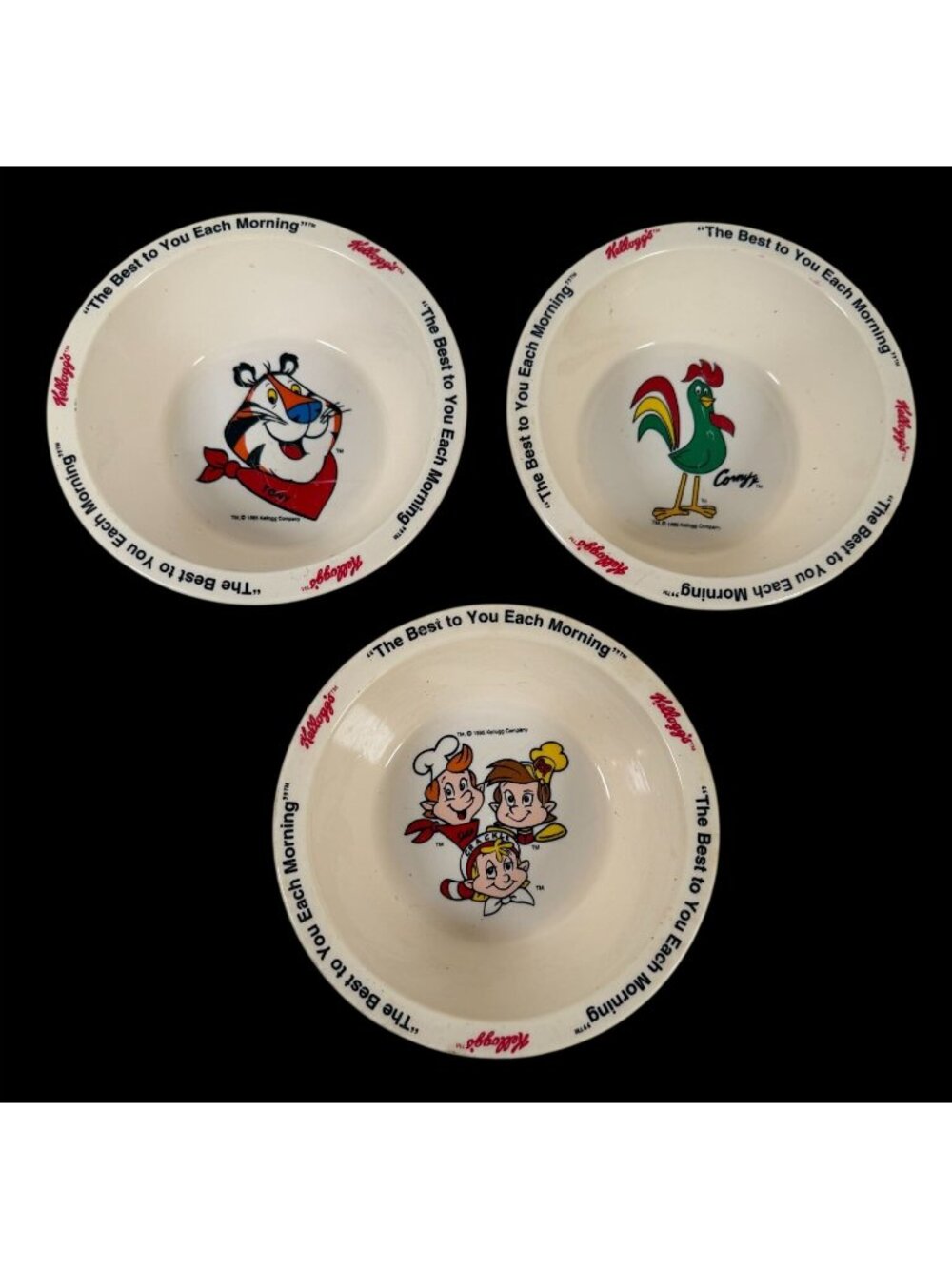 3 Kelloggs 1995 Tony Tiger Corny Rooster Snap Crackle Pop Cereal Bowls Flakes